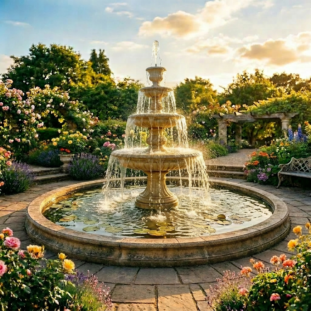 Three-tier stone fountain with water flowing surrounded by vibrant flowers and greenery in a garden