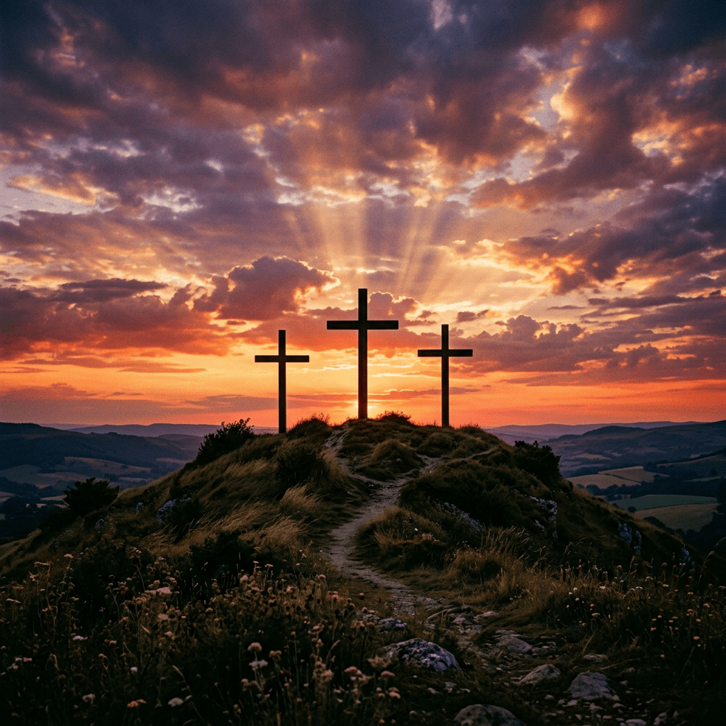 Three crosses silhouetted on a hill with a vivid sunset and dramatic sky