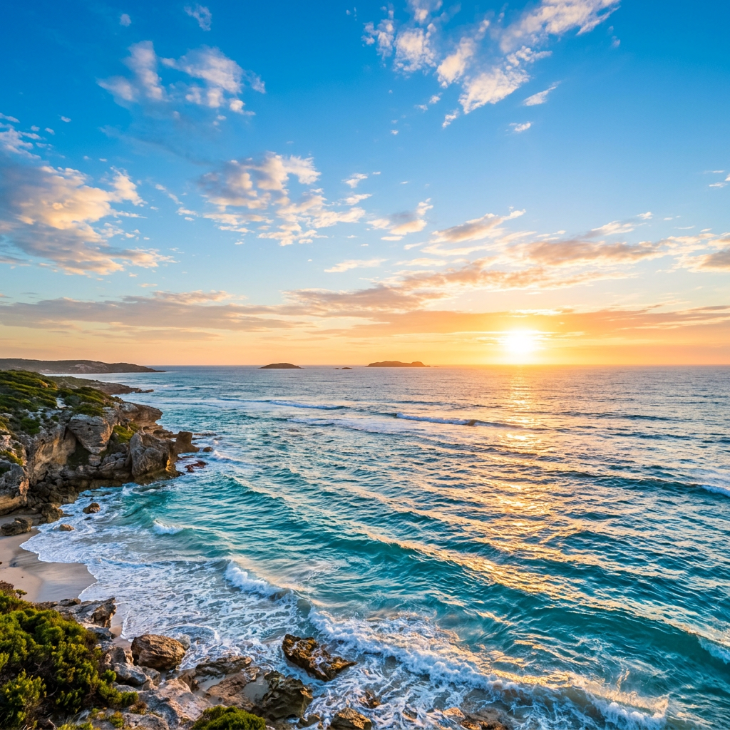 Sunset over ocean waves crashing onto rocky shoreline with small islands in the distance