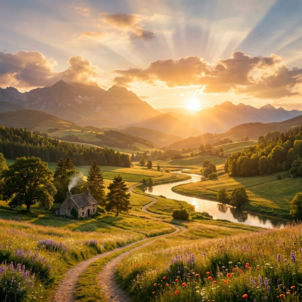 Couple walking dog on dirt path through flower-filled valley at sunset with mountains and river