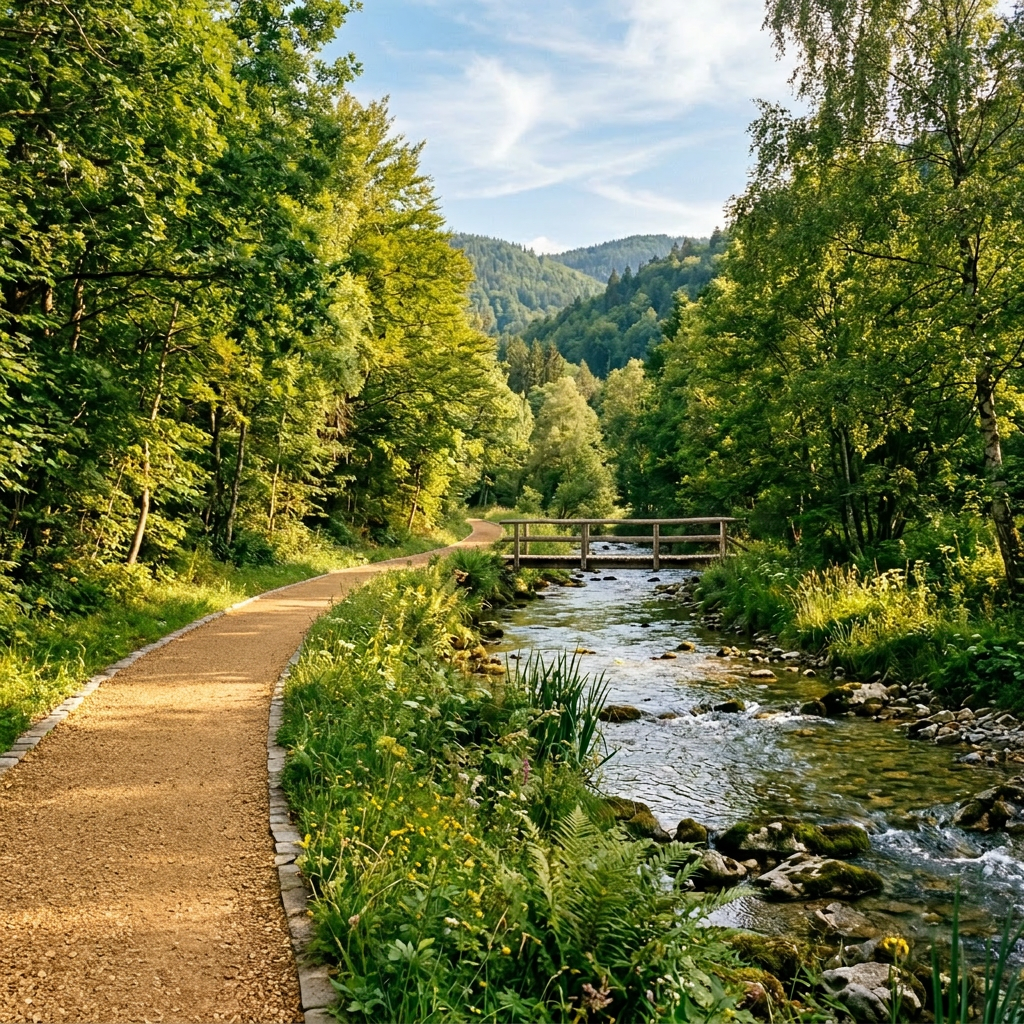 Dirt path beside flowing river with green trees and hills