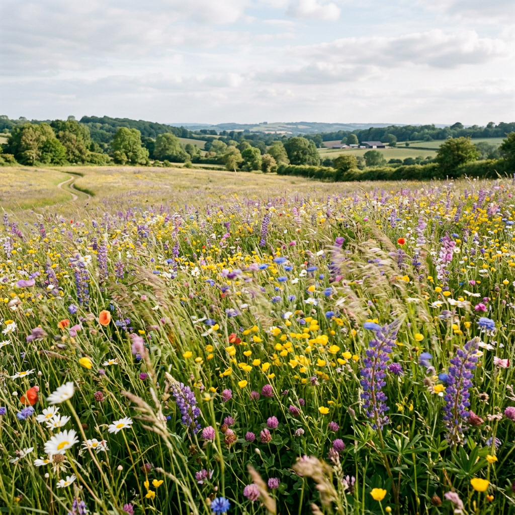 Wildflower meadow with purple, yellow, white, and red flowers extending to distant green hills.