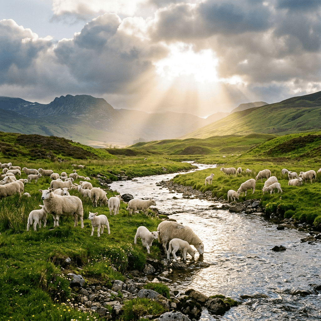 Flock of sheep grazing along a mountain stream with sunlight breaking through clouds