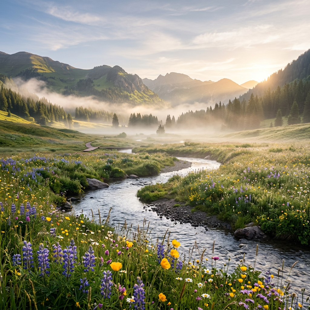 Alpine meadow with colorful wildflowers, winding stream, pine trees, and misty mountains at sunrise