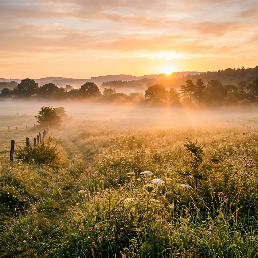 A narrow dirt path winding through a mist-covered grassy field with wildflowers and trees in the distance under a rising sun.