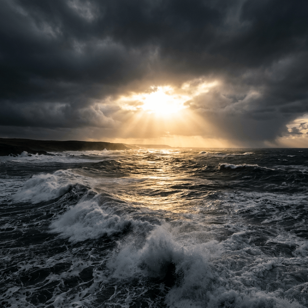 Rough ocean waves under dark storm clouds with sunlight breaking through