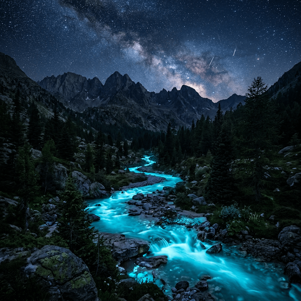 Mountain river glowing turquoise at night under Milky Way galaxy