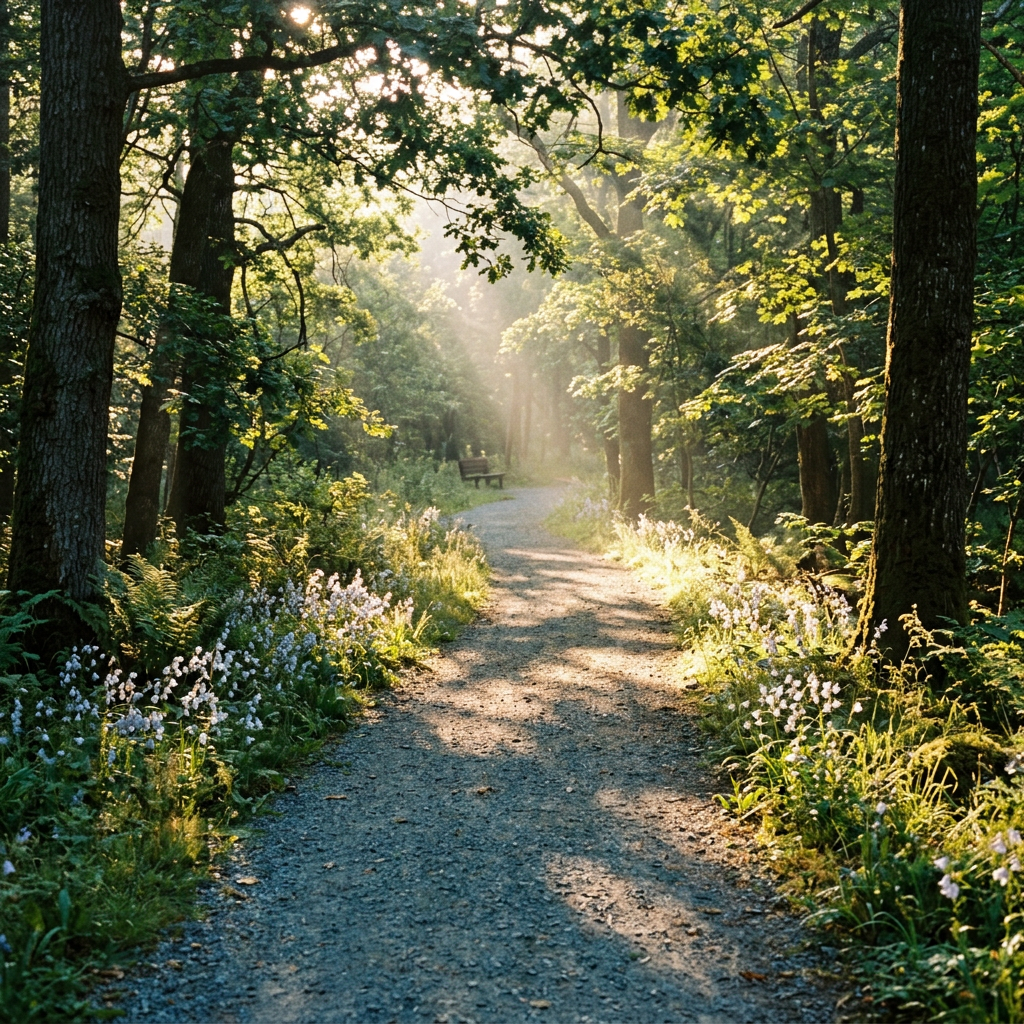 Gravel path winding through a sunlit forest with green trees and wildflowers along the sides